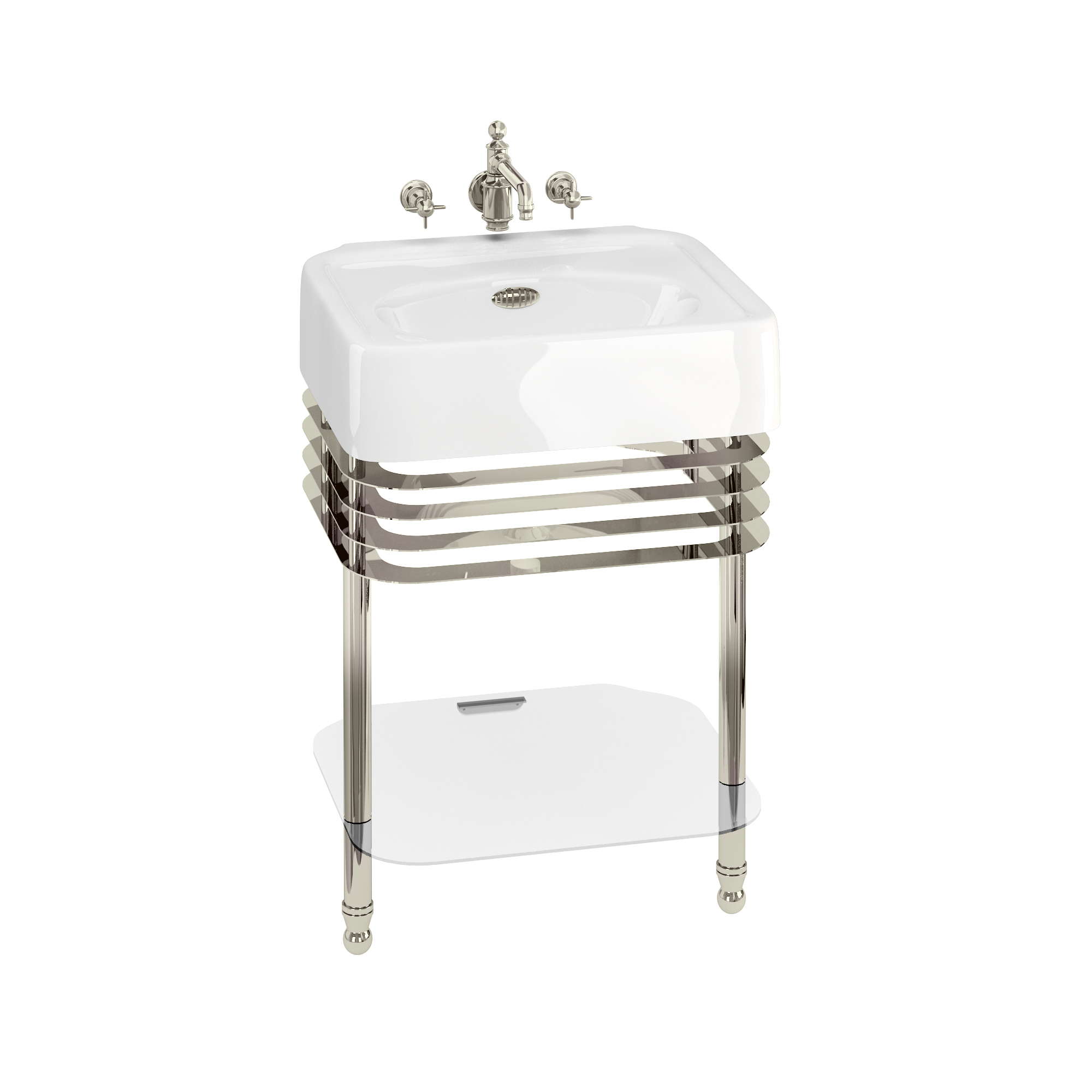 Arcade 600mm basin with nickel overflow & basin stand